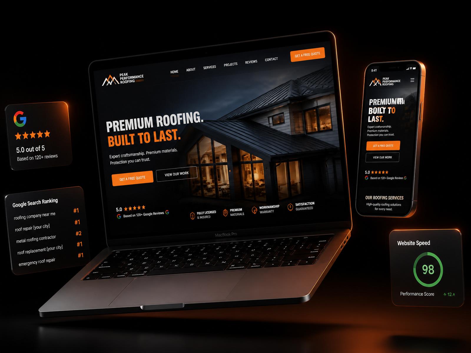 Premium roofing website shown on MacBook and iPhone