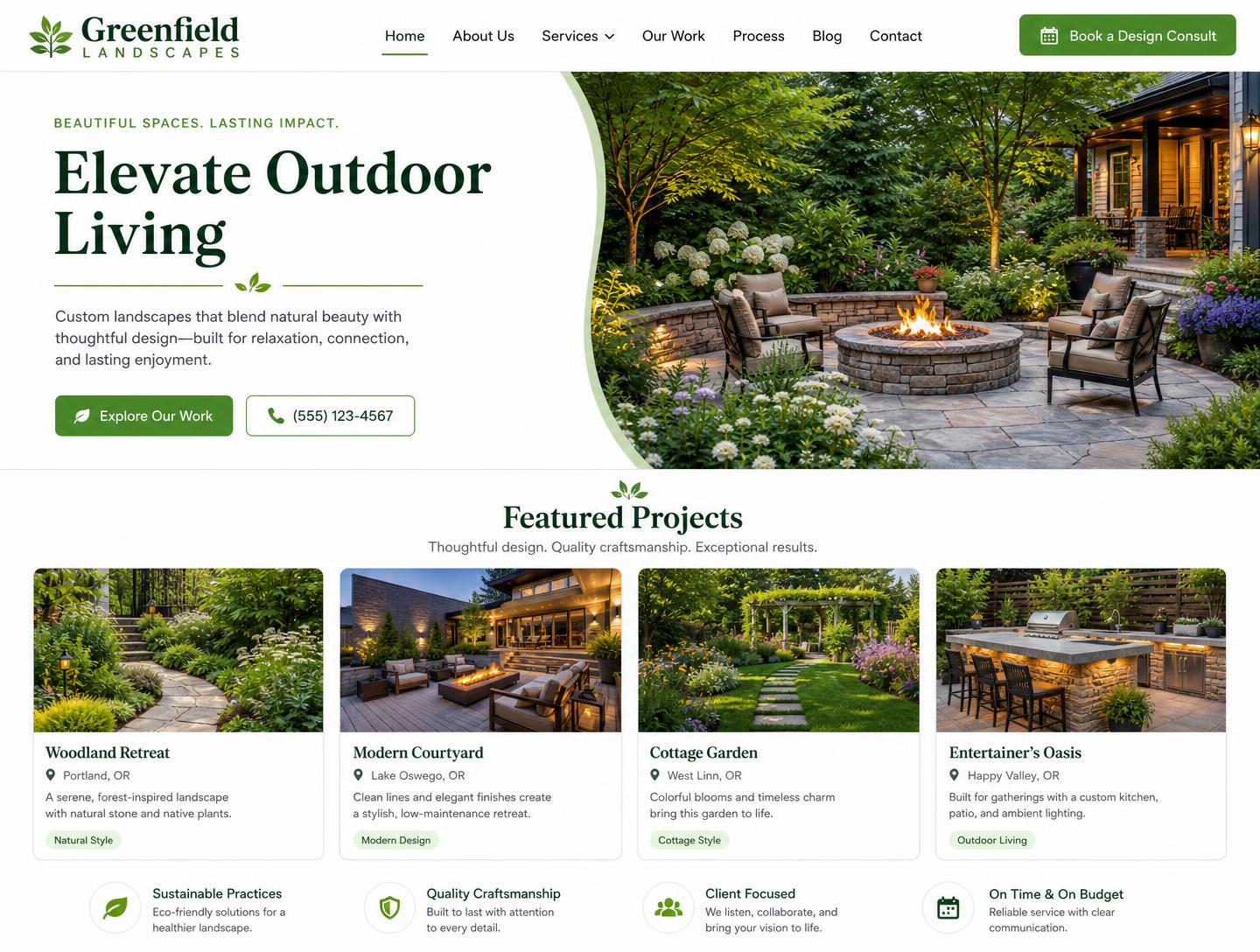 Landscaping company website shown on MacBook and iPhone
