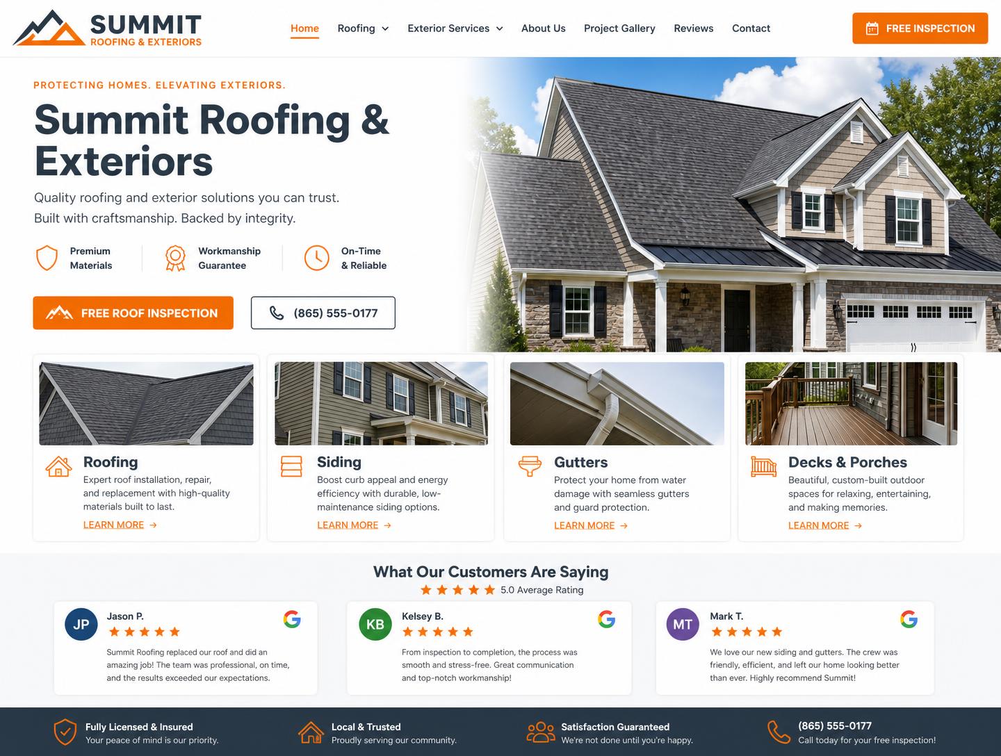 Roofing company website shown on MacBook and iPhone