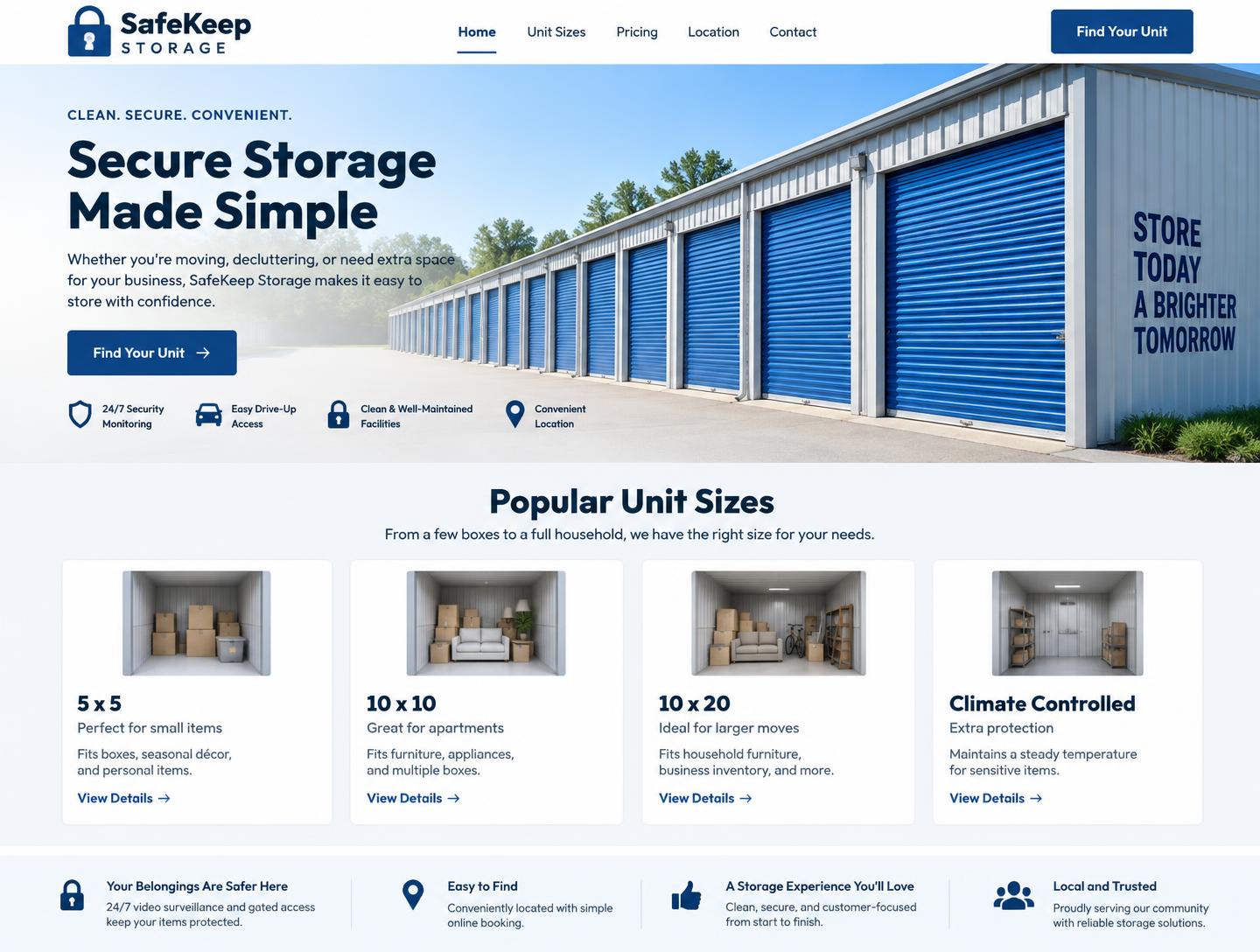 Self storage website homepage